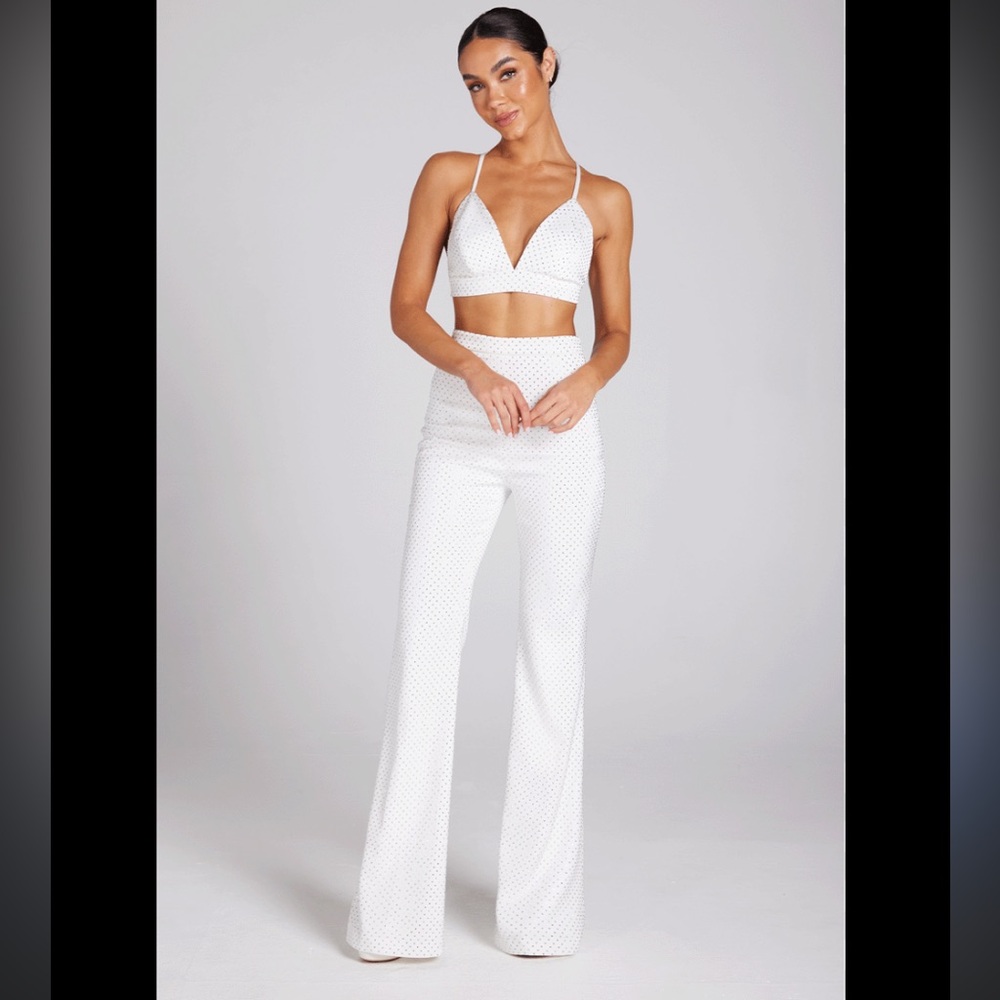 🌺SET🌺 Nadine Merabi Elegant White Embellished Pants and matching crop top